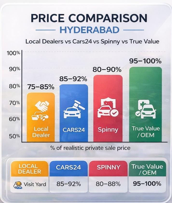 Price comparison local dealers vs Cars24 vs Spinny vs True Value in Hyderabad