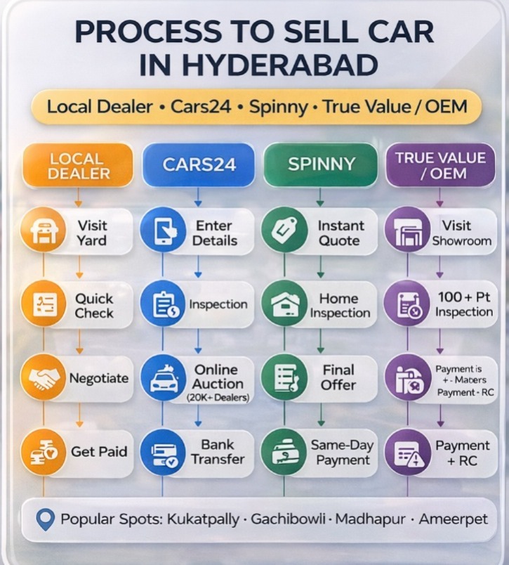 Process to sell car in Hyderabad via Cars24, Spinny, True Value and local dealers