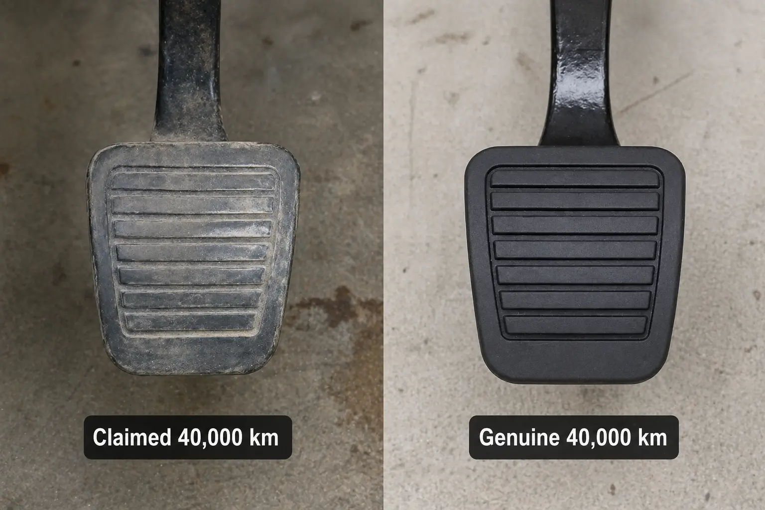 Side-by-side comparison of brake pedal wear — heavily worn pedal on a car claiming 40,000 km vs genuine low-mileage condition